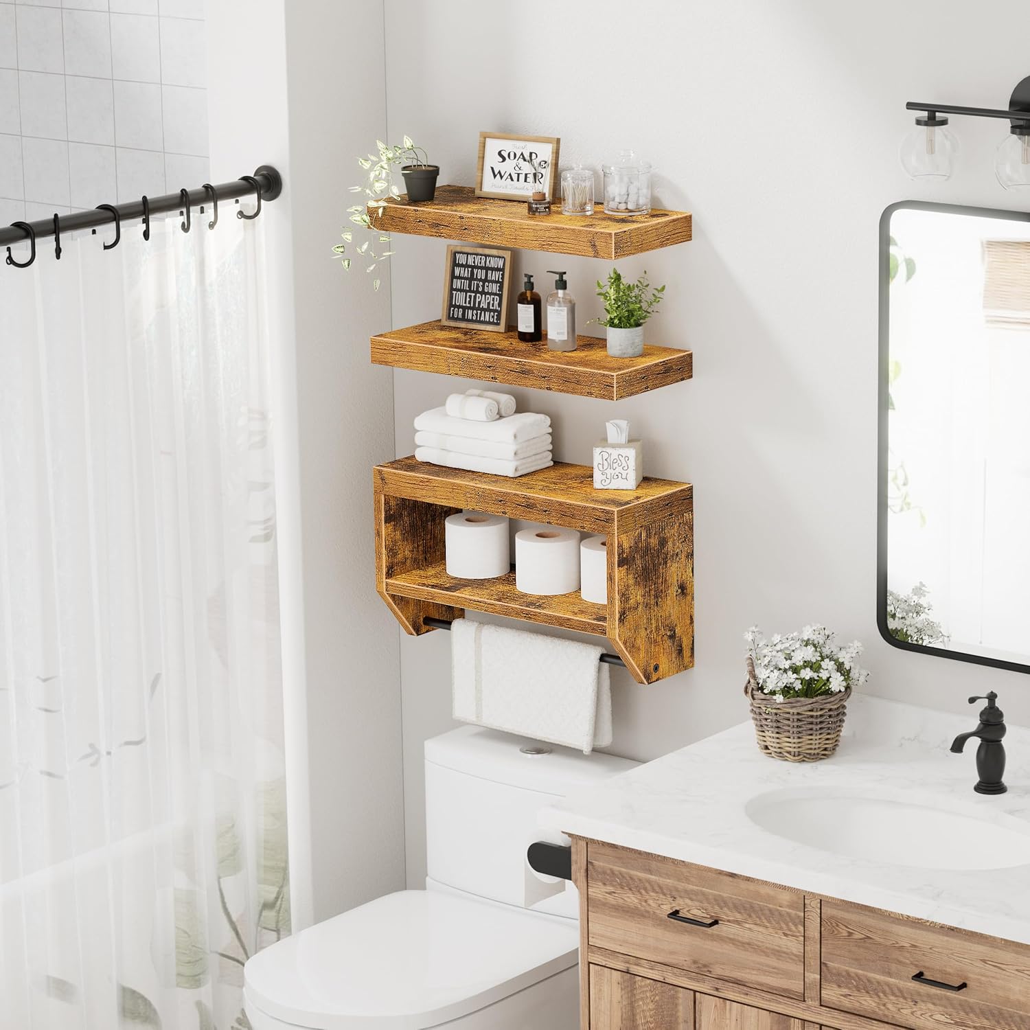 QEEIG Floating Bathroom Shelves - Rustic Brown Wall Storage Set of 3 | 16 Inch Over Toilet Solution
