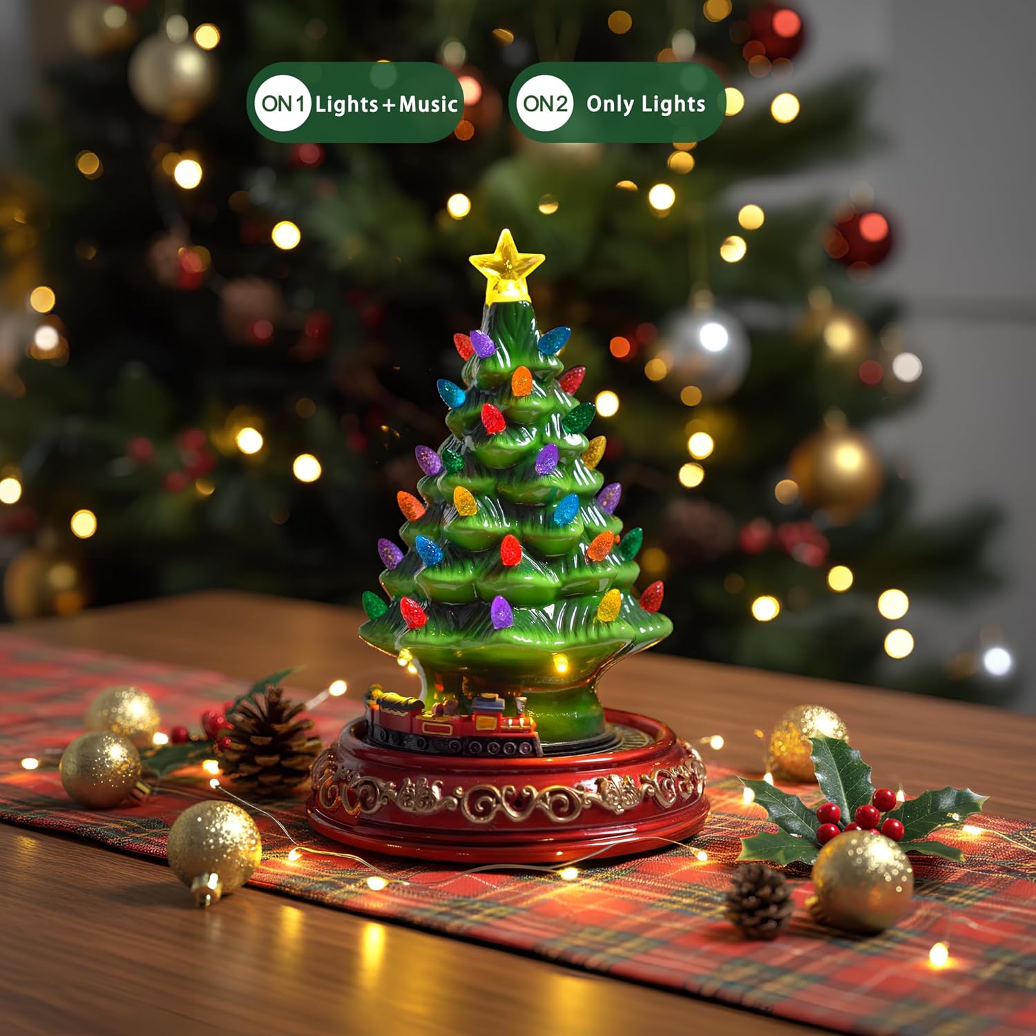 VISFLAIR Ceramic Christmas Tree - Musical Decoration with Rotating Train & 38 Multicolored Lights | Perfect Holiday Tabletop Gift