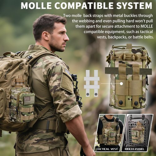 DEFUNX Half Gallon Water Bottle Insulated with Sleeve - Tactical 64 oz Stainless Steel Water Jug with MOLLE Water Bottle Pouch, Gym Water Bottles for Men Hiking Workout (CP Camo)