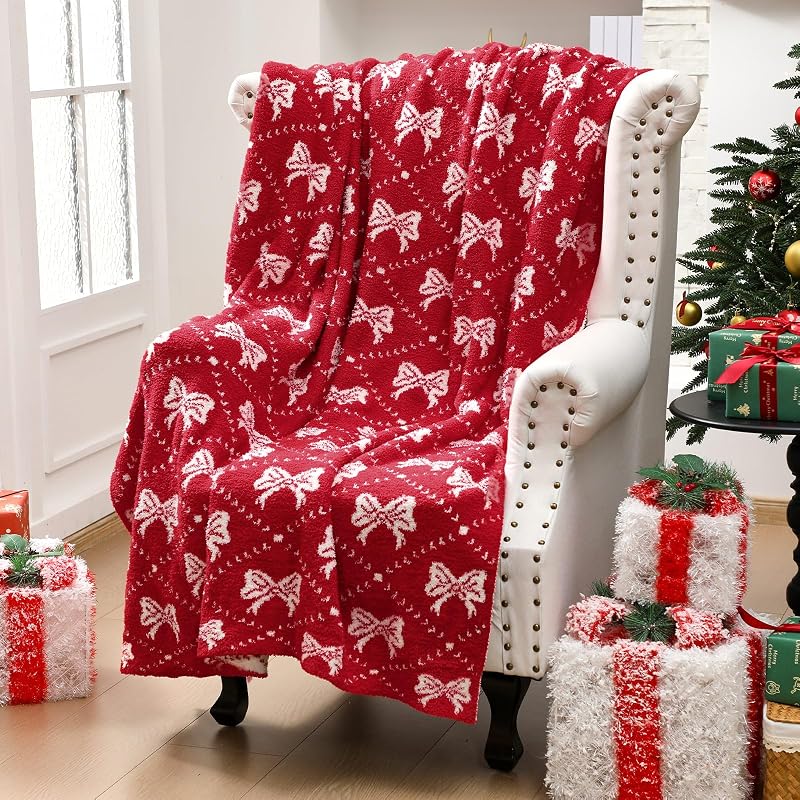 50 x 70 Inch Christmas Bow Throw Blanket - Red Coquette Bow, Lightweight