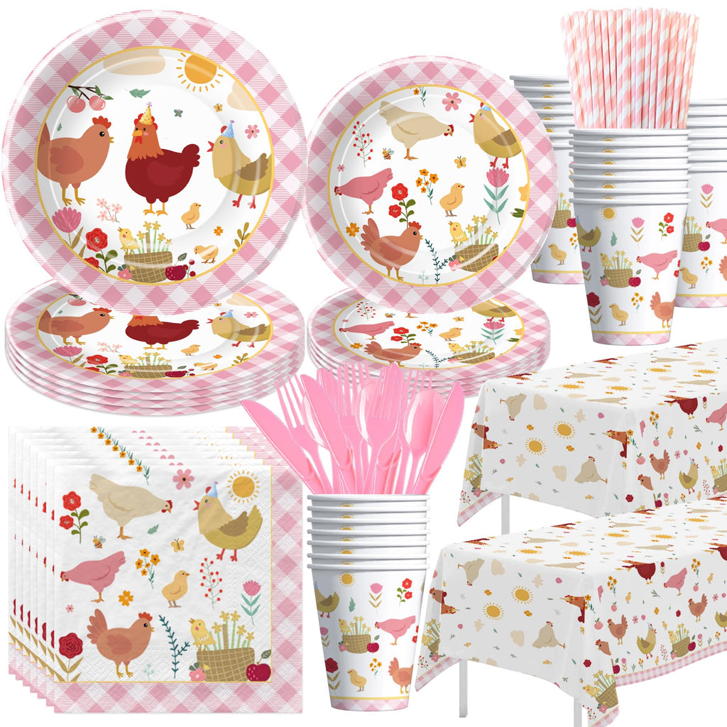 Suhelkit Chicken Party Decorations Tableware for Birthday Baby Shower, Farm Animal Barnyard Little Chick Birthday Party Supplies, Plate, Cup, Napkin, Straws, Disposable Cutlery, Tablecloth, 24 Guests