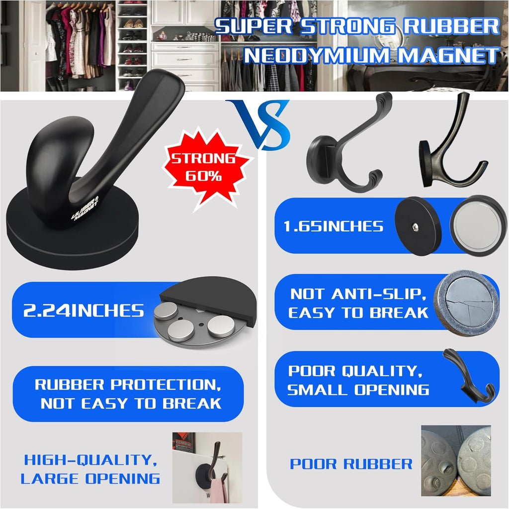 ULIBERMAGNET Strong Magnetic Coat Hooks - Heavy Duty Double Hooks for Coats, Towels & Keys | 2 Pack (Black)