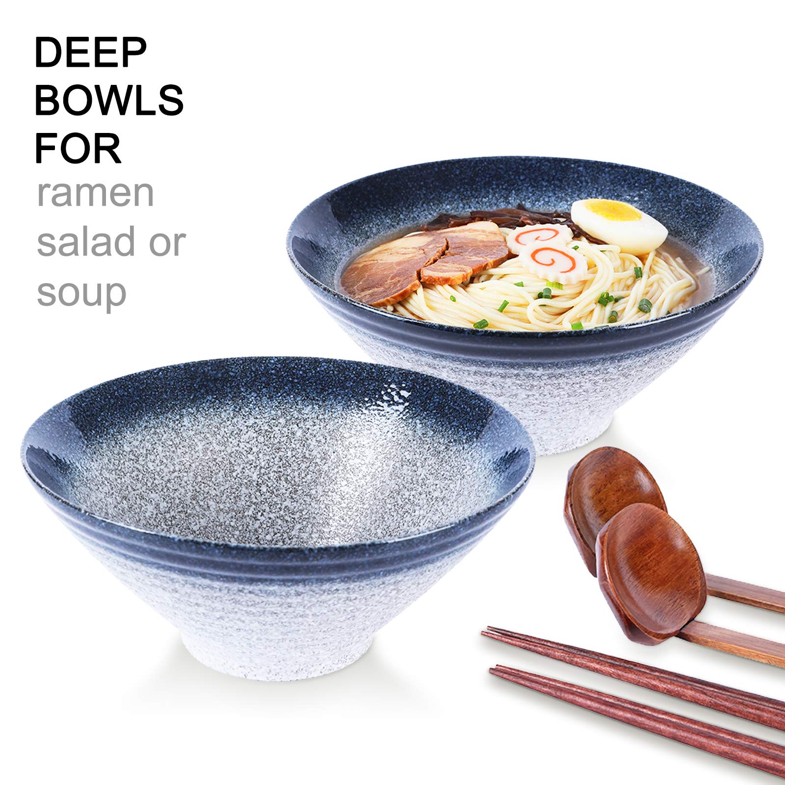 NJCHARMS Ceramic Ramen Bowl Set of 2, 60 oz Japanese Noodle Soup Bowls with Spoons and Chopsticks for Ramen Soup Pho Udon Asian Noodles, Large Noodle Bowls(Blue)