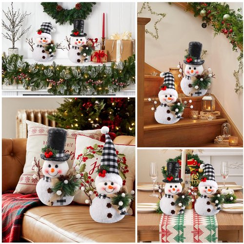Black and White Plaid Snowman Decor (2-Piece Set) - Winter Christmas Plush Dolls for Tiered Tray, Mantel, or Tabletop Display, Indoor Home Decor