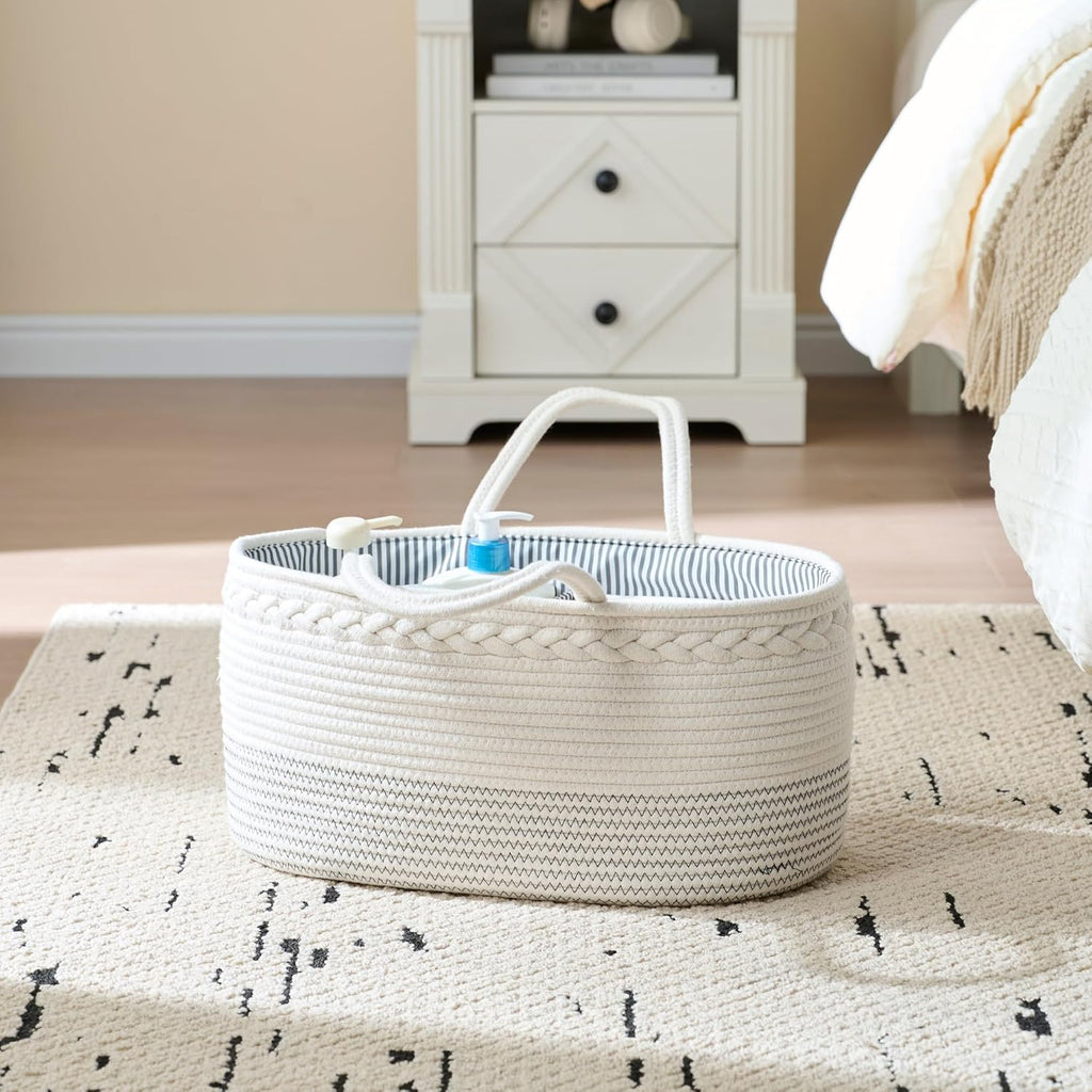 Skiennix Diaper Caddy Organizer - Large Cotton Rope Baby Basket for Nursery & Changing Table (Off White)