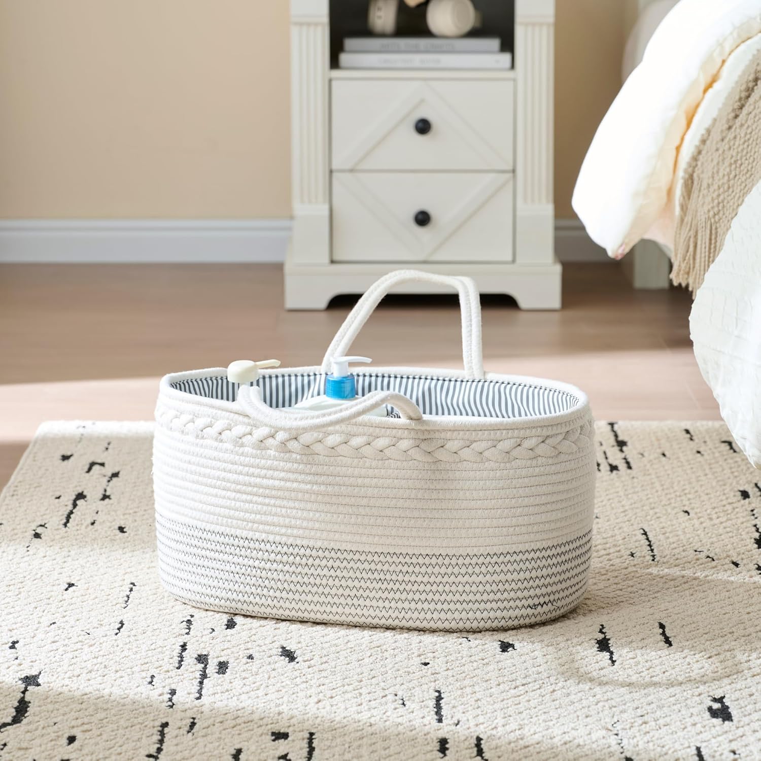 Skiennix Diaper Caddy Organizer - Large Cotton Rope Baby Basket for Nursery & Changing Table (Off White)