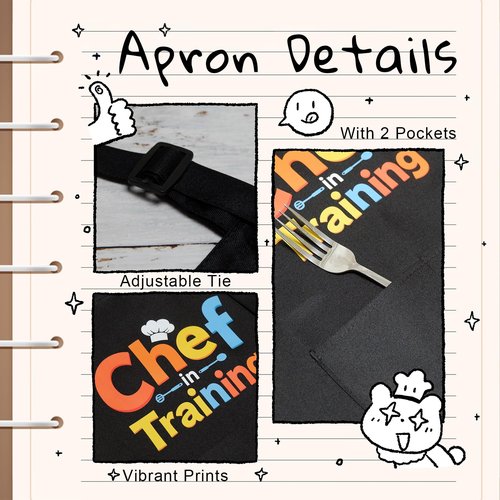 KAXAHHE Kids Chef Apron Hat Set - Adjustable Children's Cooking Apron with 2 Pockets, Black, for Boys Girls Age 3-8 (Chef in Training)