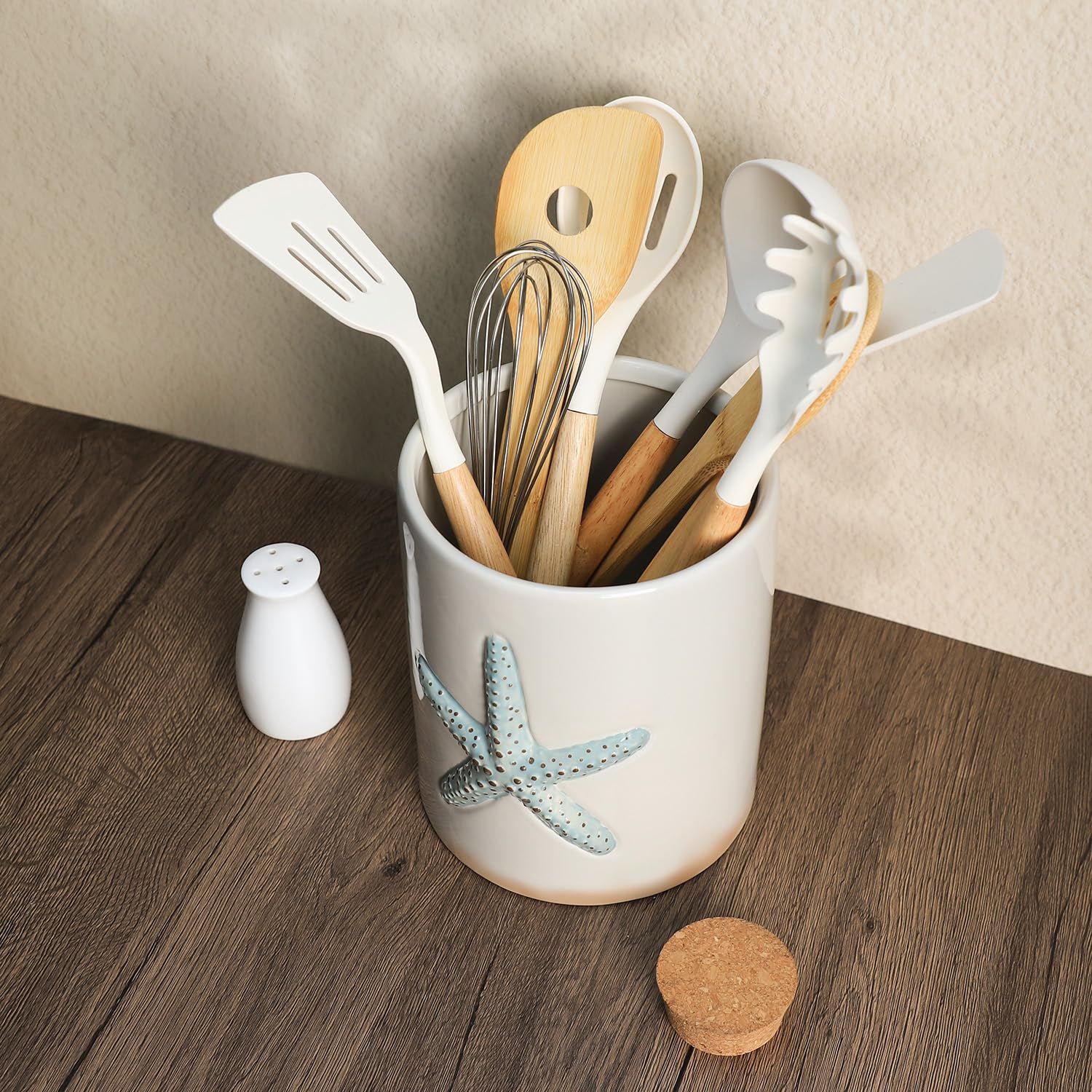 Bicuzat Ceramic Starfish Embossed Utensil Holder, Large Cooking Utensil Crocks for Countertop, Ocean Style Utensil Organizer for Spatula