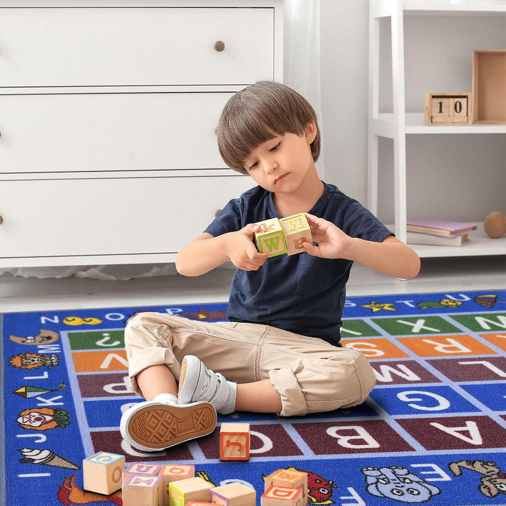 Ottomanson 3'3" x 5' Alphabet Kids Rug - Educational ABC Play Mat for Playroom, Bedroom, Daycare & Classroom - Fun & Interactive Learning Carpet - Durable & Non-Slip for High-Traffic Areas, Blue