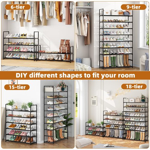 Simple Trending Shoe Rack, 3-Tier Shoe Organizer, Metal Storage Shelf, for 16-20 Pairs, Stackable, for Entryway, 11.75 x 36.5 x 21.5 Inches, Black