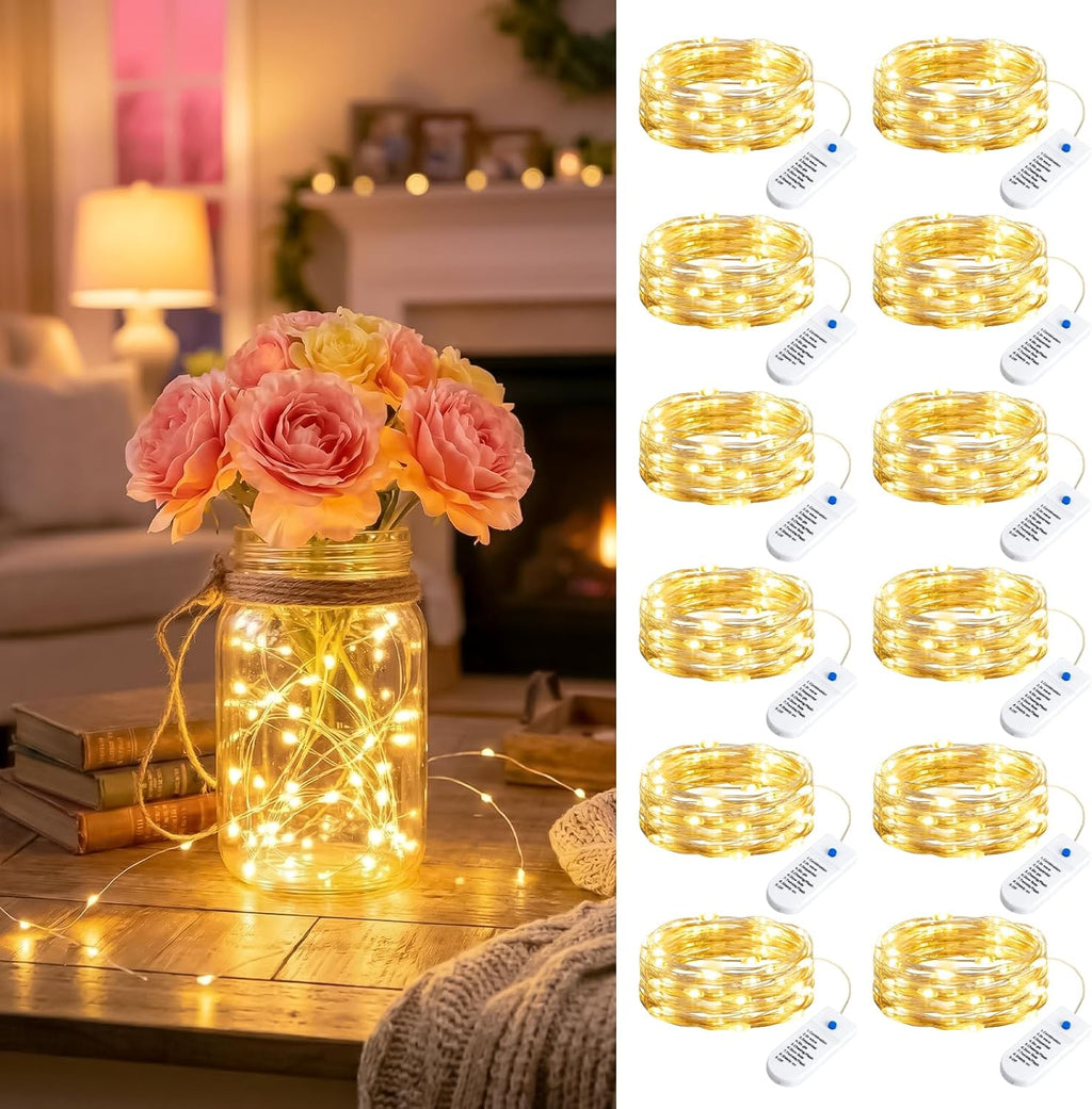 Minetom Fairy Lights - 12 Pack Battery Operated String Lights | 8 Modes, 7ft, 20LED Warm White, Waterproof Silver Wire for DIY Decor & Events