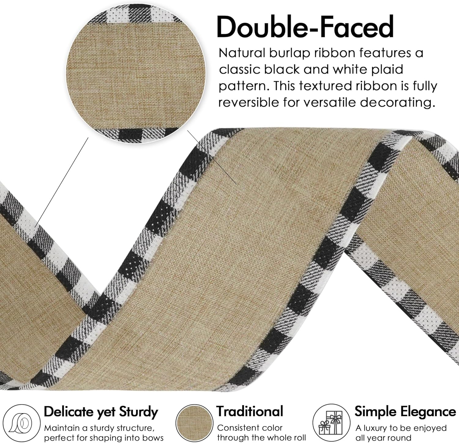 MEEDEE Burlap Christmas Ribbon - Wired 2.5 Inch Plaid with Black & White Edging | 10 Yards for Trees & Wreaths