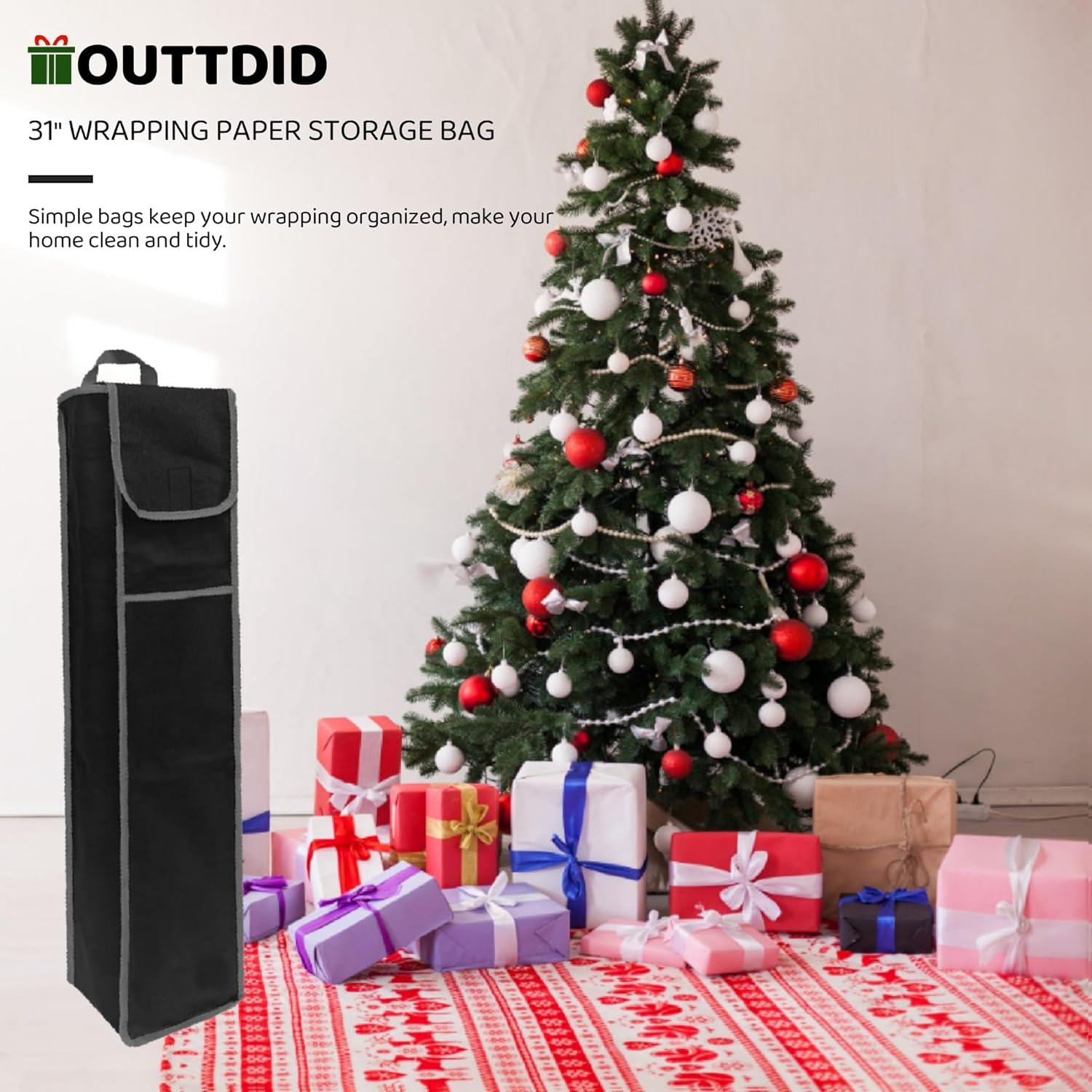 OUTTDID Wrapping Paper Storage Bag - Organizer for 9 Standard Rolls | Black Gift Wrap Holder with Pocket