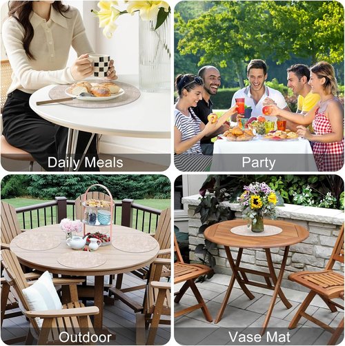 Homaxy Round Faux Leather Placemats - Washable Dual-Sided Table Mats Set of 6 | 13" & 3.93" Beige
