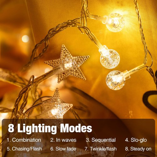 LEXKAEQI 33Ft 80 LED Star String Lights,8 Modes Globe Fairy Lights Battery Operated with Remote&Timer,Waterproof Christmas Globe Lights for Indoor Outdoor Bedroom Garden Party Decor Warm White