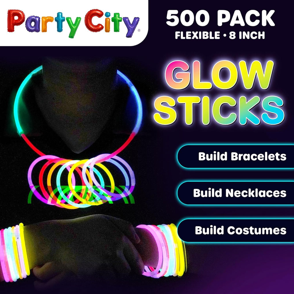 Party City 500 Glow Sticks - Neon Glow in the Dark Party Supplies | Connectors, Bracelets & Necklaces for Kids & Adults