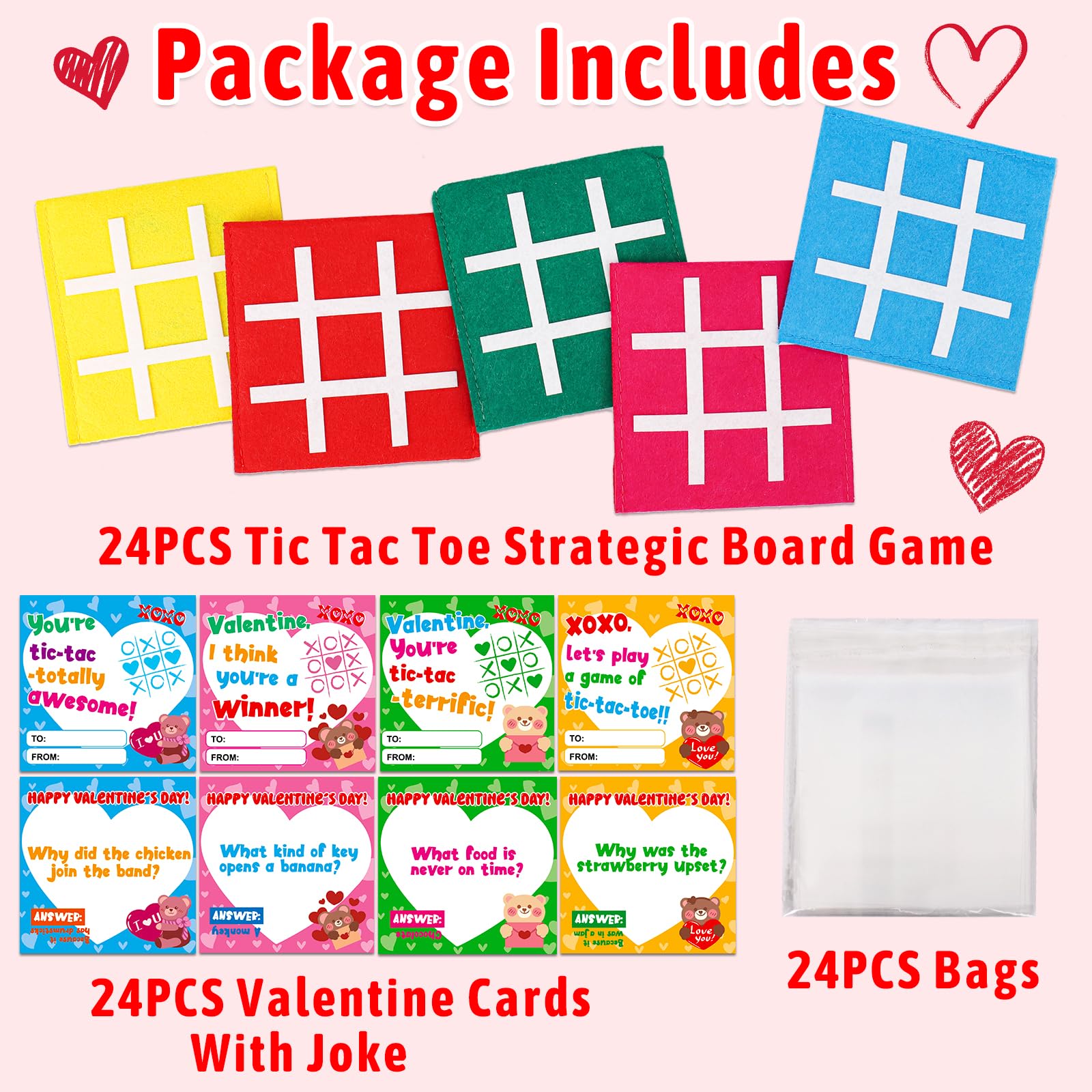 24 Pack Valentines Day Gifts for Kids School Classroom - Tic Tac Toe Game with Funny Valentine's Day Exchange Cards for Toddler Boys Girls Classmates Valentine Party Favors Prizes Boxes Treat Bulk