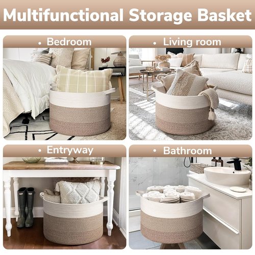 Goodpick Large Laundry Basket - Woven Rope Storage Bin for Toys & Blankets | 21.7'' x 13.8'', Light Brown