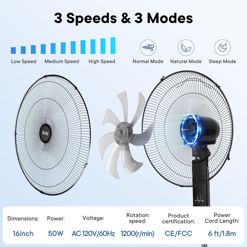 Xcity 16-Inch Oscillating Pedestal Fan - High Velocity, Remote Control, Adjustable Height & Tilt | Quiet for Bedroom & Office