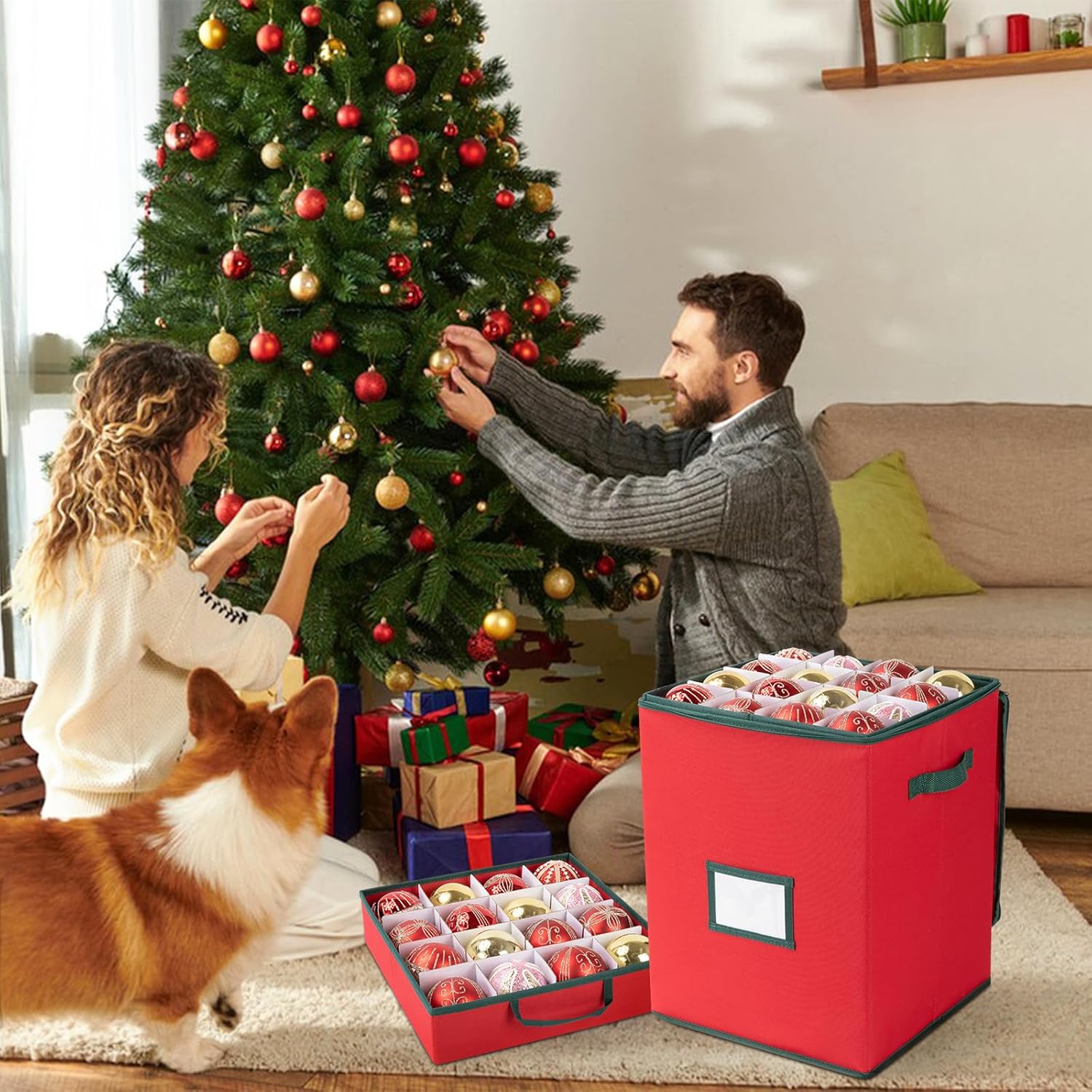 OIAHOMY Christmas Ornament Storage Box - Holds 80 Ornaments with Trays & Zippers, 600D Oxford Fabric - Red