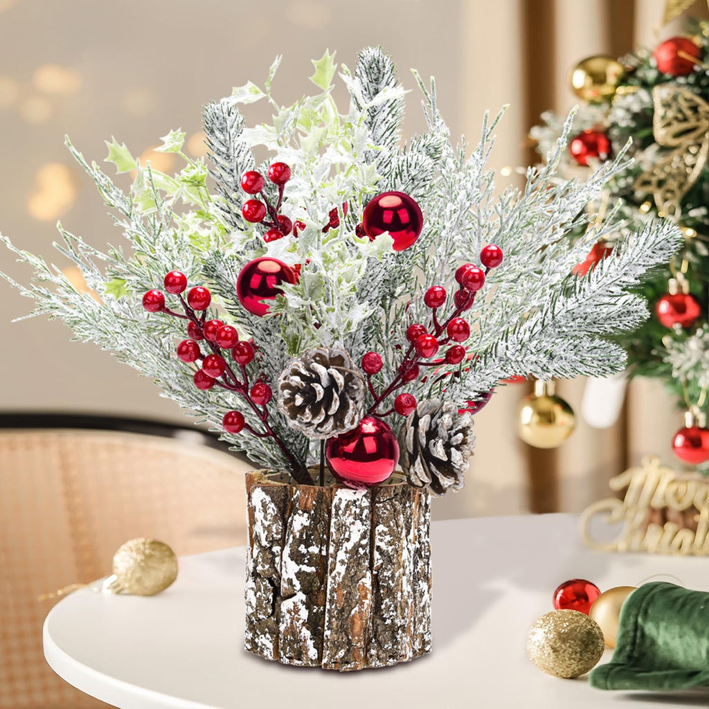 Skiennix Christmas Table Decorations - 14-Inch Potted Christmas Tree with Lights & Pine Cones | Holiday Centerpiece