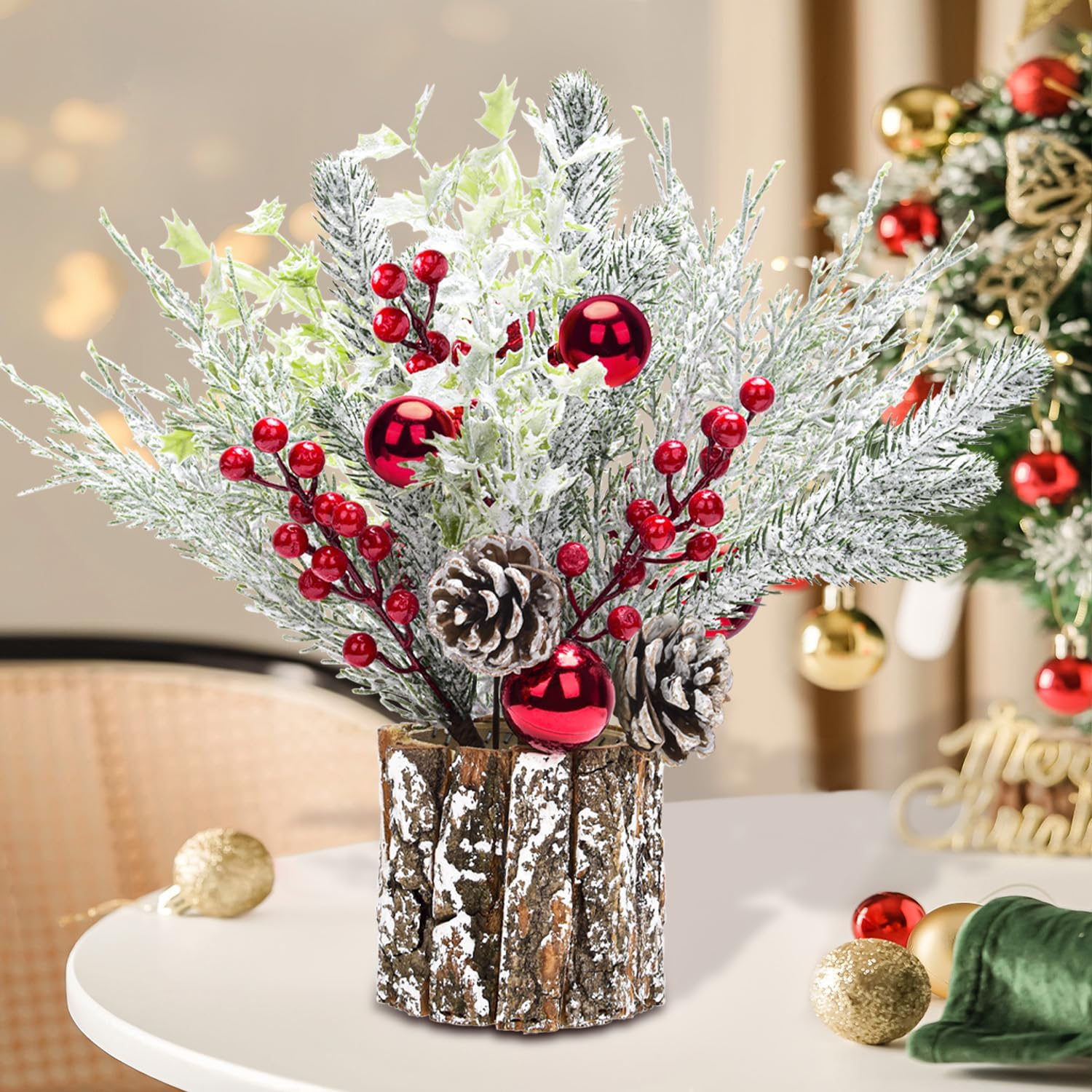 Skiennix Christmas Table Decorations - 14-Inch Potted Christmas Tree with Lights & Pine Cones | Holiday Centerpiece