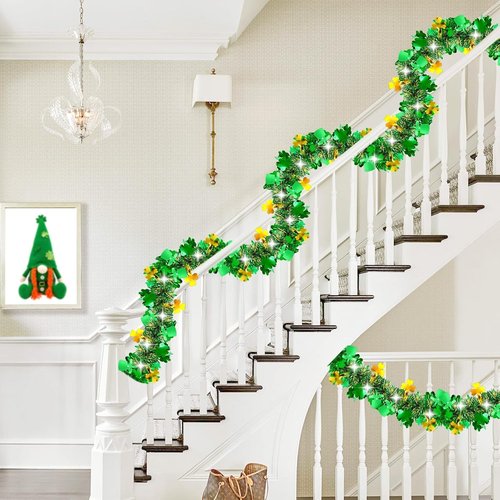 Gold Green Shamrock Tinsel Garland 33FT | Shiny Metallic Streamer Twist for Hanging St Christmas Decorations, Indoor Outdoor