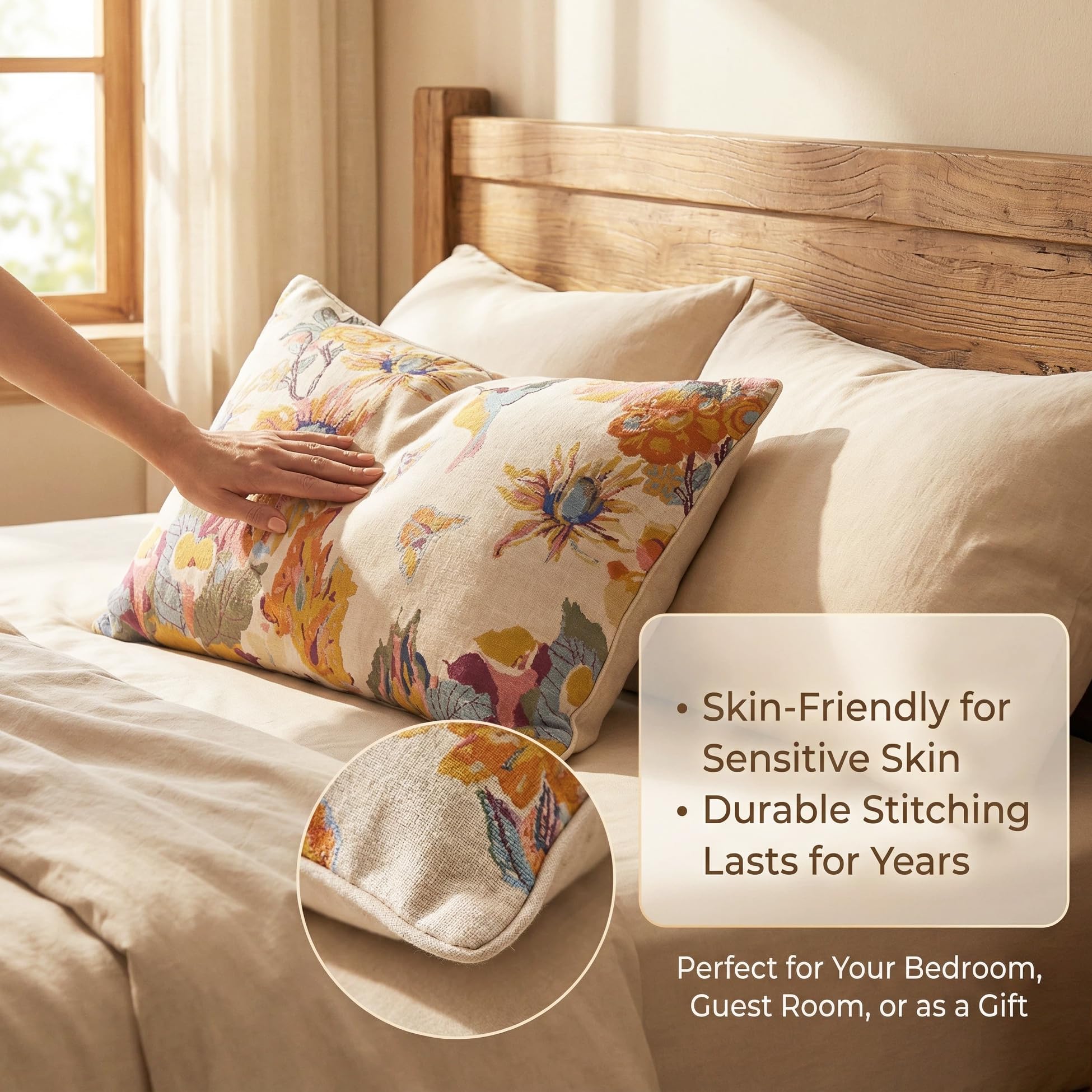 VANJOROY 100% Organic Washed Cotton Queen Pillowcases for Skin-Friendly Set of 2-1000 Thread Thick Count 20x30 Inches Luxury Boho Pillow Cases, Muslin Bird Floral Pattern Pillow Cover -Beige
