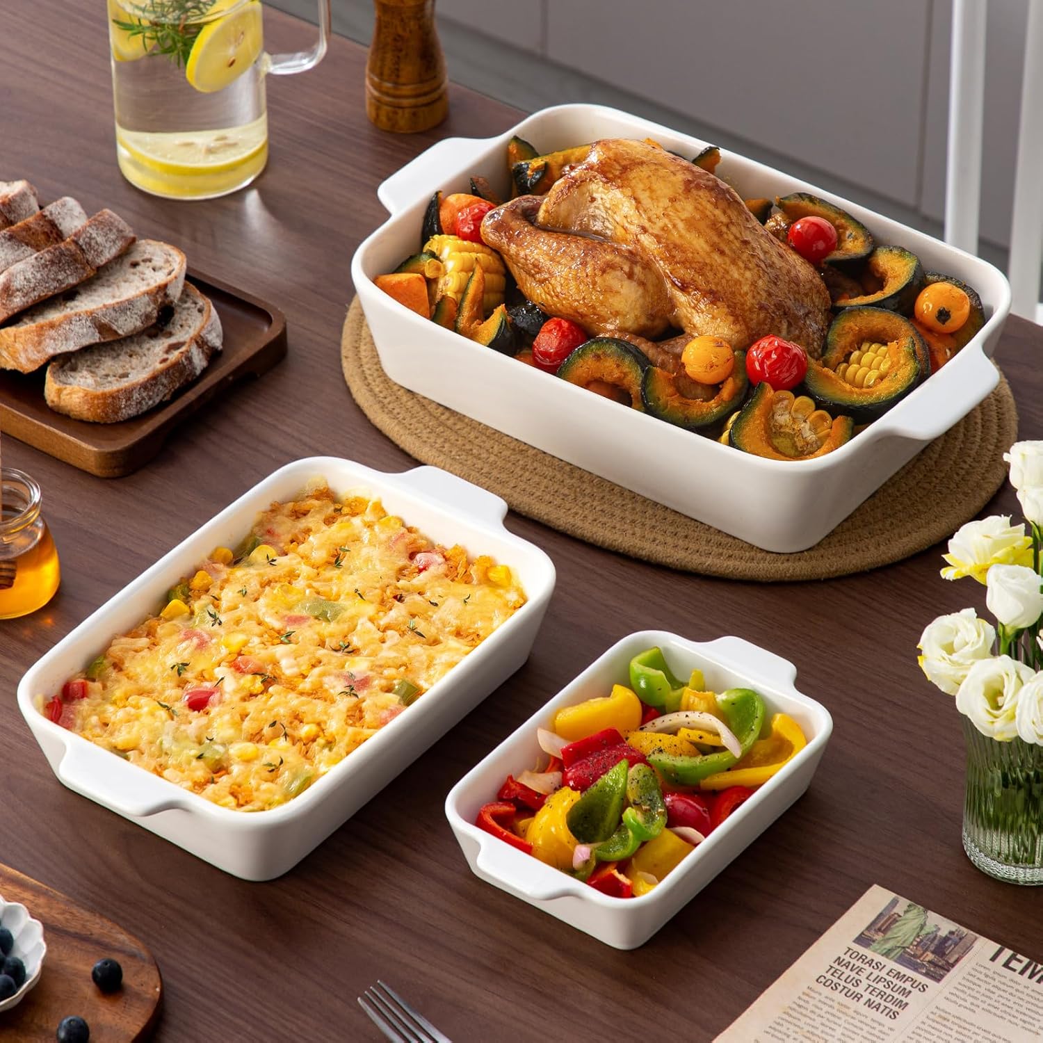 YUN TAO Casserole Dishes - 3-Piece Porcelain Bakeware Set with Handles | Deep Rectangular Lasagna Pans (15.1 Inch, White)