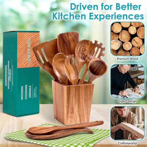 HOWHONG Wooden Spoons for Cooking, Premium Acacia Wood Kitchen Utensil Set, Handmade Wooden Utensils for Nonstick Cookware, Heat Resistant, Smooth Finish, Comfortable Grip, with Holder, Gift Ready