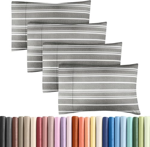 King Pillow Cases by [Brand Name] - Ultra Soft Hotel Quality - 4 Piece Set in Grey Stripes - Wrinkle Free & Machine Washable