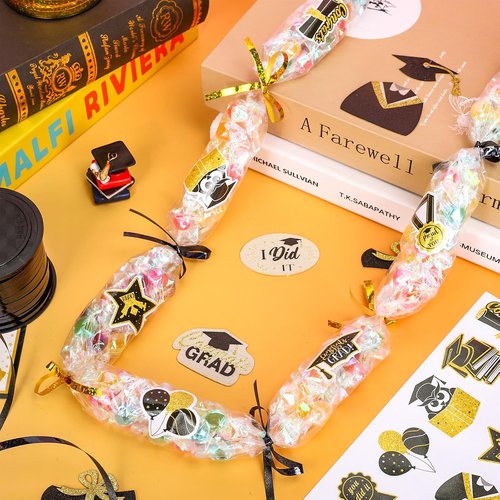 FYSUIMU Graduation Candy Lei Making Kit - Glitter Gold & Black Tubing with Congrats Grad Sticker & Ribbon