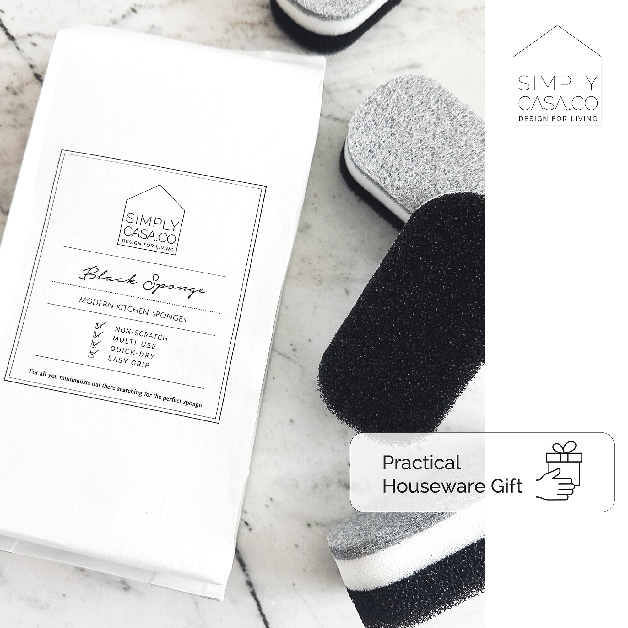 SIMPLYCASA Kitchen Dish Cleaning Sponges - Pack of 6 | Non-Scratch & Fast-Drying | Reusable Scrubbers for Kitchen & Household Use | Stylish Black & White Design