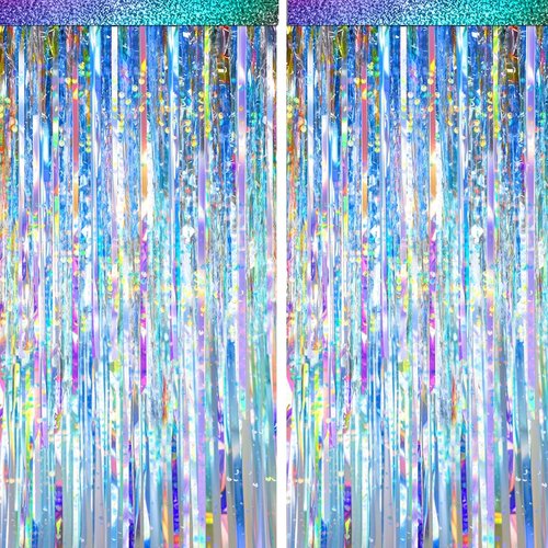 Iridescent Foil Fringe Curtain by [Brand Name] - Neon Holographic Tinsel Backdrop for Parties | 2 Packs