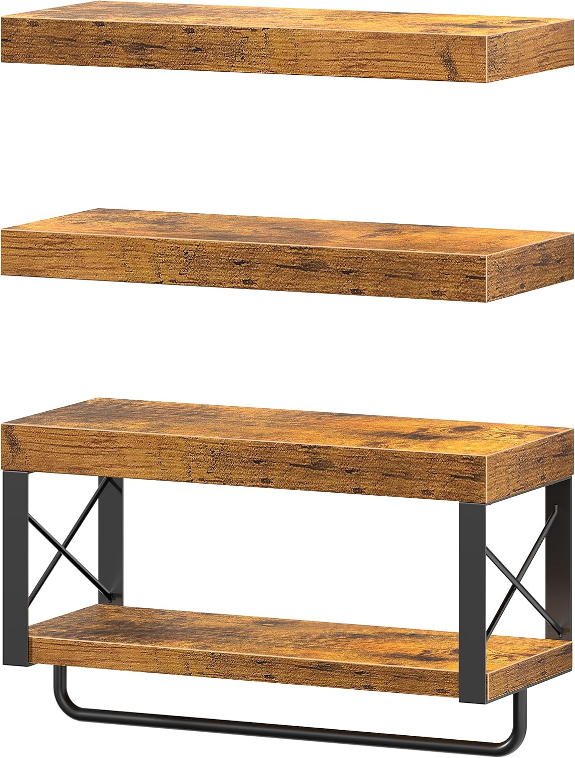 QEEIG Floating Bathroom Shelves - Rustic Brown Over Toilet Storage | Set of 3, 16 Inch