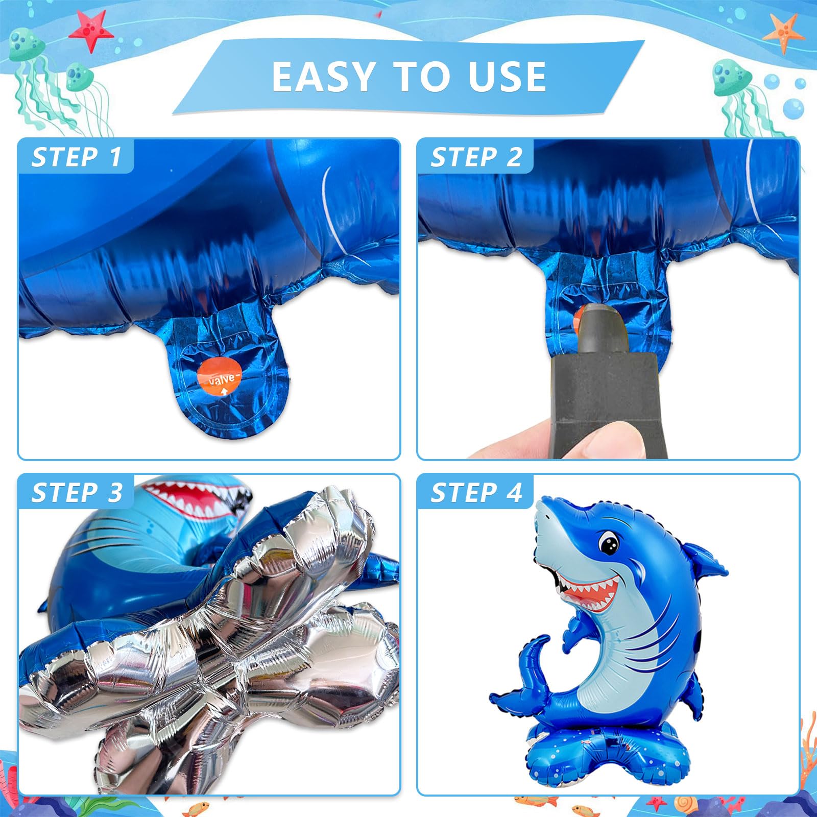 7 Pcs Ocean Animal Balloons - Standing Turtle Seahorse Dolphin Shark Crab Lobster Sea Lion Foil Balloons for Under The Sea Themed Party Decorations