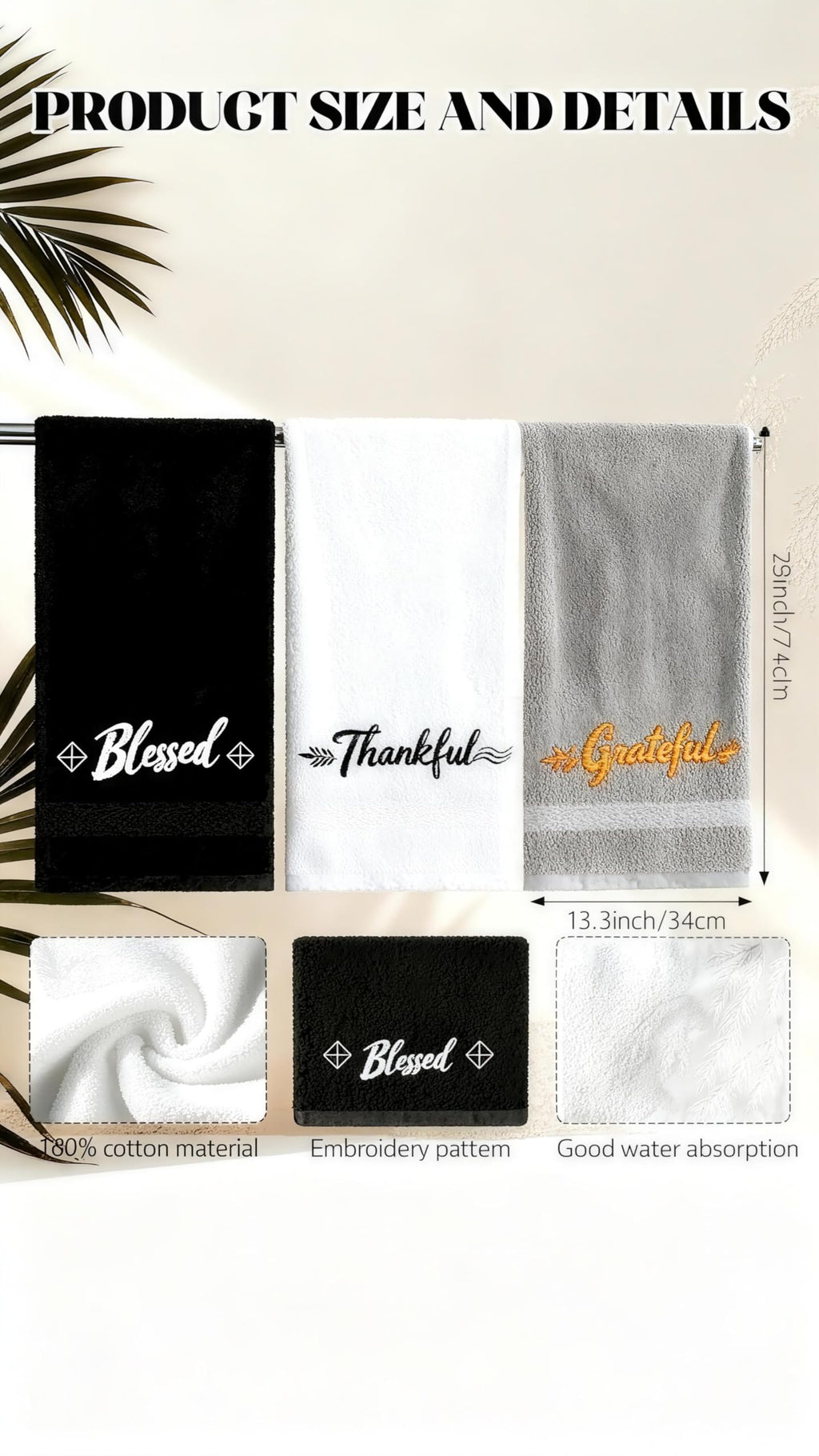 QBrand 3 Pcs Farmhouse Bathroom Decor Hand Towels 14x29 Inch Cotton Bath Towels Rustic Embroidered for Boho Kitchen Decor Inspirational Christian Gift (Blessed Thankful Grateful-C)