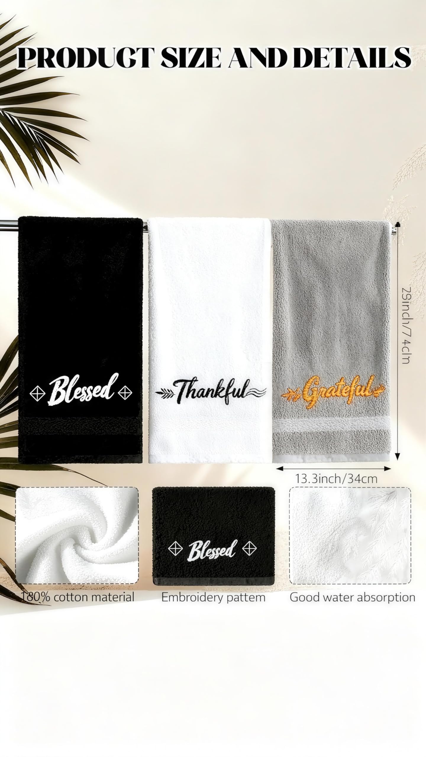 QBrand 3 Pcs Farmhouse Bathroom Decor Hand Towels 14x29 Inch Cotton Bath Towels Rustic Embroidered for Boho Kitchen Decor Inspirational Christian Gift (Blessed Thankful Grateful-C)