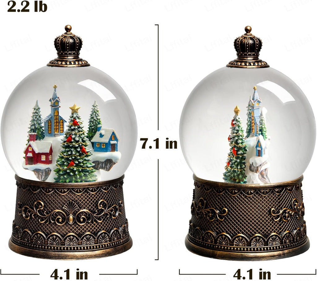Skiennix Christmas Snow Globe Lantern - Lighted Indoor Decorations with Music Timer & Glitter | Mountain Church Design
