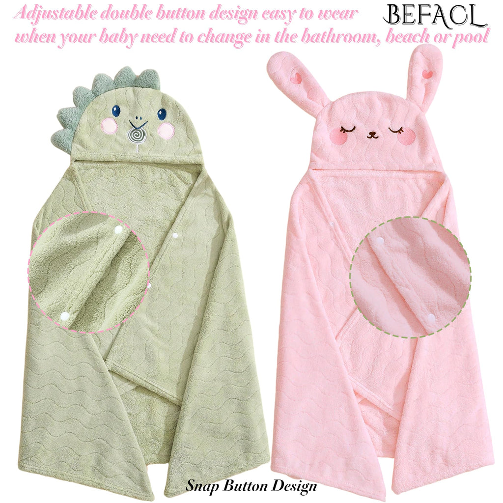 BEFACL Hooded Towel for Kids, 2 Pack Ultra Soft Coral Fleece Kids Bath Towels, Absorbent Toddler Towels with Hood Age 0-10 Years for Infant, Kids - Large 27.5 X 55 inch (Pink Rabbit & Green Dinosaur)