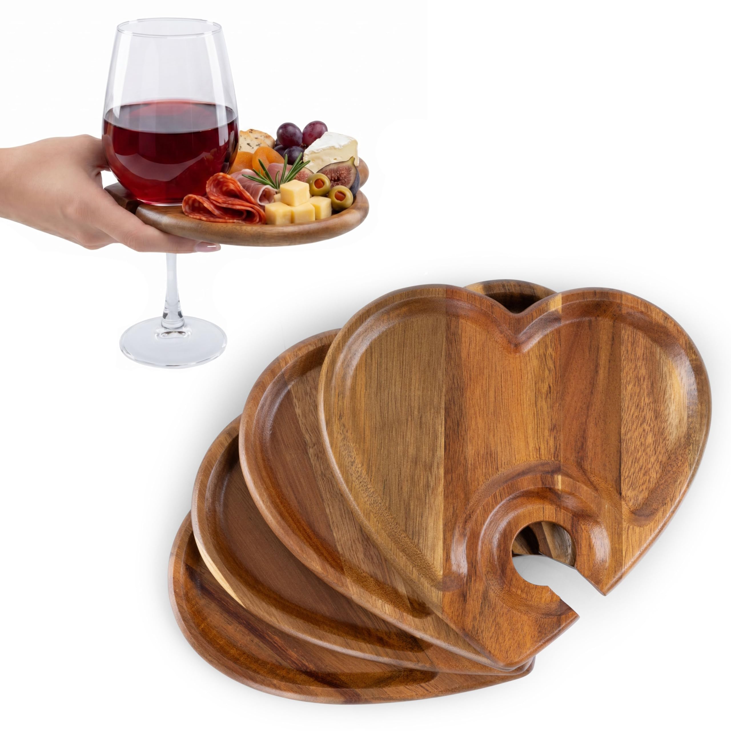 PICNIC TIME Heart Wine Appetizer Plates, Set of 4 Wooden Cocktail Plates with Glass Holder, Mini Charcuterie Boards for Wine and Cheese Parties, Acacia Cheese Board Serving Trays (Acacia Wood)