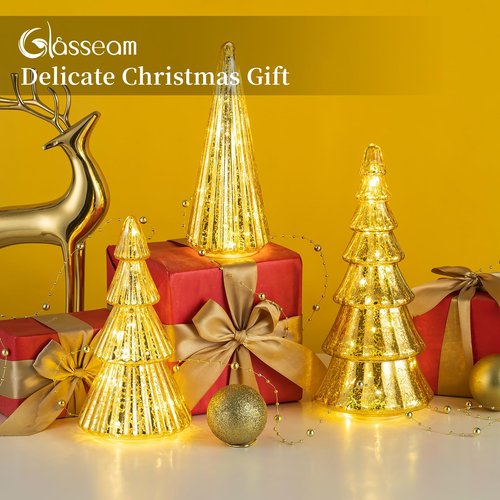 Glasseam Gold Christmas Centerpieces for Table: Set of 3 Mercury Glass Christmas Tree with Lights Tabletop Xmas Trees with Timer for Decorations Indoor Ornaments Fireplace Mantel Decor