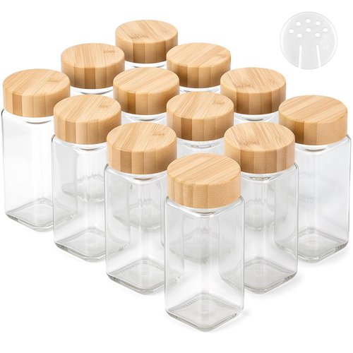 EDELHAUS Glass Spice Jars and Bamboo Lids (12 x 4oz) Spice Containers with Shaker Inserts - Add-On Pack Without Labels or Accessories