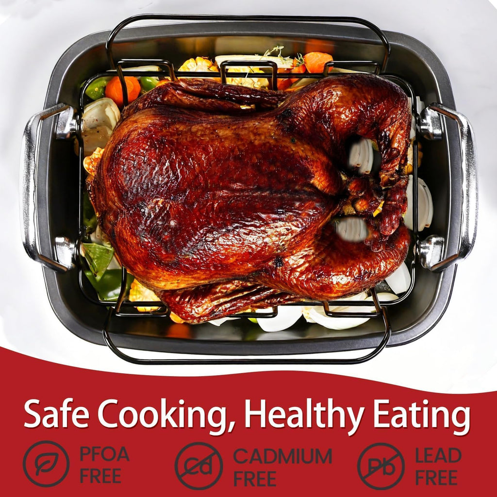 Large Nonstick Roasting Pan with Rack (17x13 Inch) -Turkey Roasting Pan with Wider Handles, Heavy Duty Construction Roaster - Easy Clean for Oven