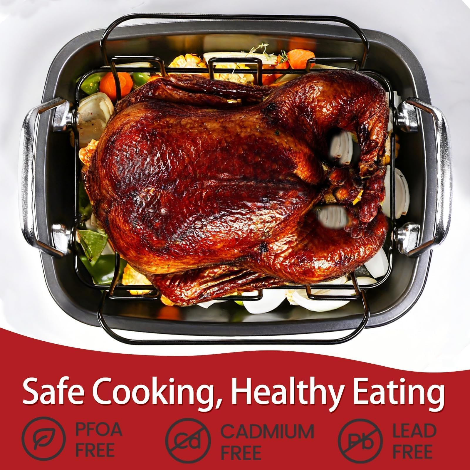 Large Nonstick Roasting Pan with Rack (17x13 Inch) -Turkey Roasting Pan with Wider Handles, Heavy Duty Construction Roaster - Easy Clean for Oven