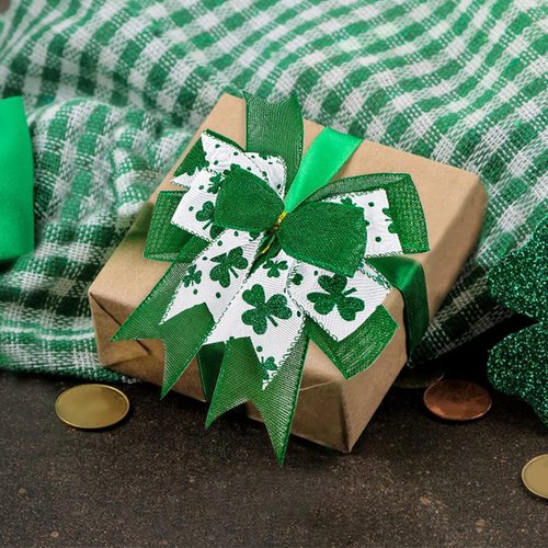 Clover Patrick's Day Wreath Bow - Green Shamrock DIY Holiday Ribbon Ornament | 9.5 x 13 Inch