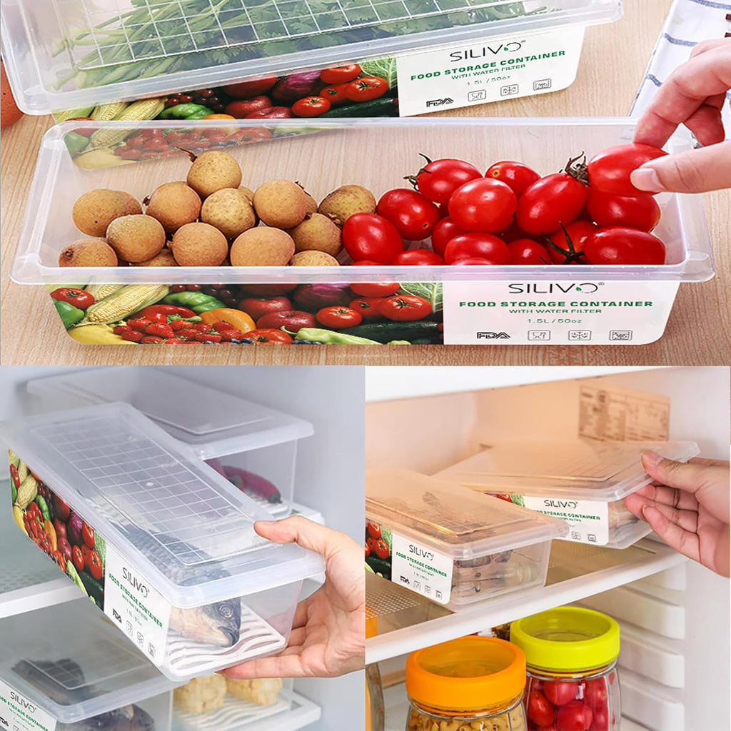 SILIVO Fruit Storage Containers - 1.5L Produce Saver with Removable Drain Tray | 3 Pack for Fresh Fruits & Vegetables