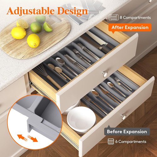 Lifewit Expandable Silverware Drawer Organizer - BPA-Free Utensil Tray for Kitchen | Adjustable Gray 33-57 x 42cm