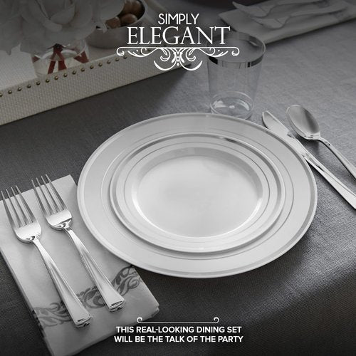 700 Piece Silver Dinnerware Set: 200 Silver-Rim Plastic Plates, 100 Silver Silverware, 100 Plastic Cups, 100 Cloth-Like Napkins, Bulk Wedding Plates Disposable Set 100 Guests
