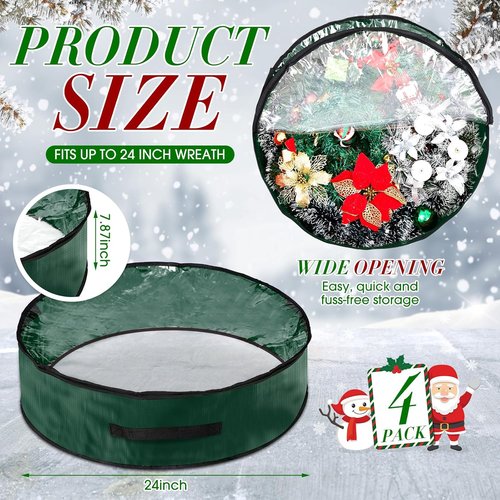 4 Pcs Christmas Wreath Storage Bag - Clear Window, Zipper & Handle | Green 24-Inch Garland Container